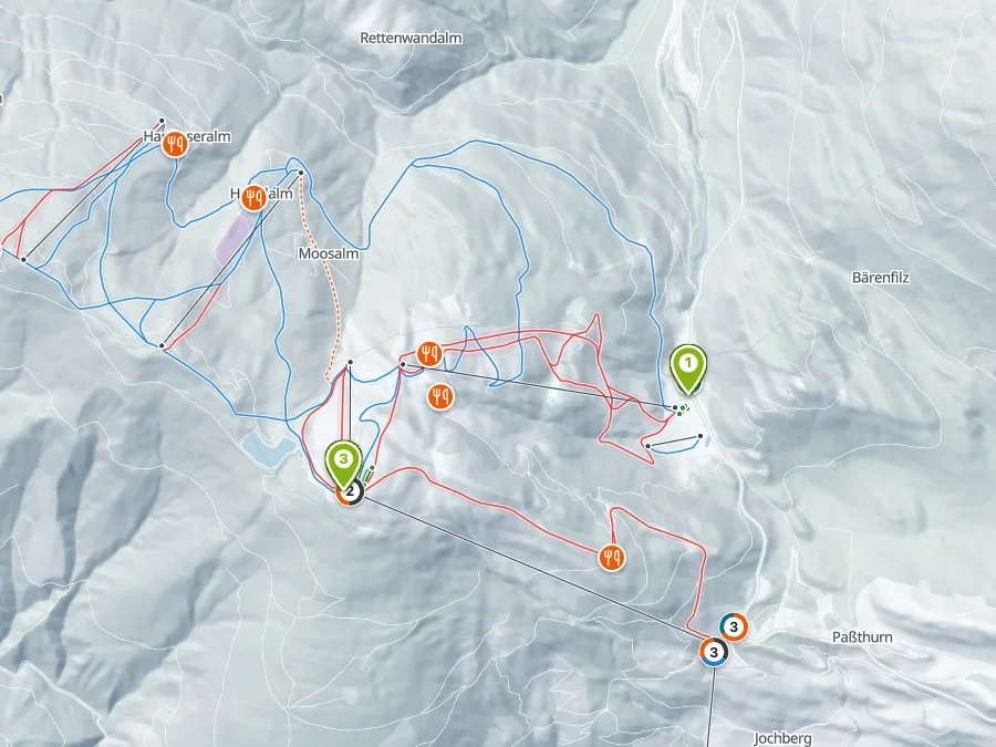 Karte: Snow Experts – Skischule & Verleih, Skischulbüro Mittersill – Sport Steger, Infopoint Resterhöhe – Sport Steger, Ferienhaus Hoferlitzlhubgut