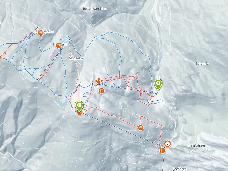 Karte: Snow Experts – Skischule & Verleih, Skischulbüro Mittersill – Sport Steger, Infopoint Resterhöhe – Sport Steger, Ferienhaus Hoferlitzlhubgut