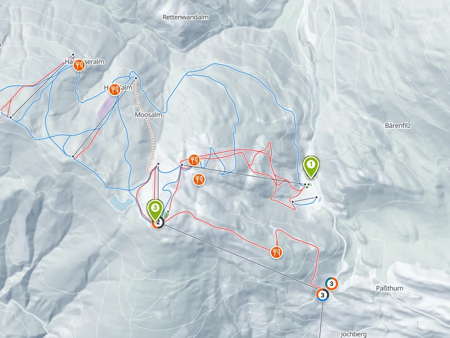 Karte: Snow Experts – Skischule & Verleih, Skischulbüro Mittersill – Sport Steger, Infopoint Resterhöhe – Sport Steger, Ferienhaus Hoferlitzlhubgut