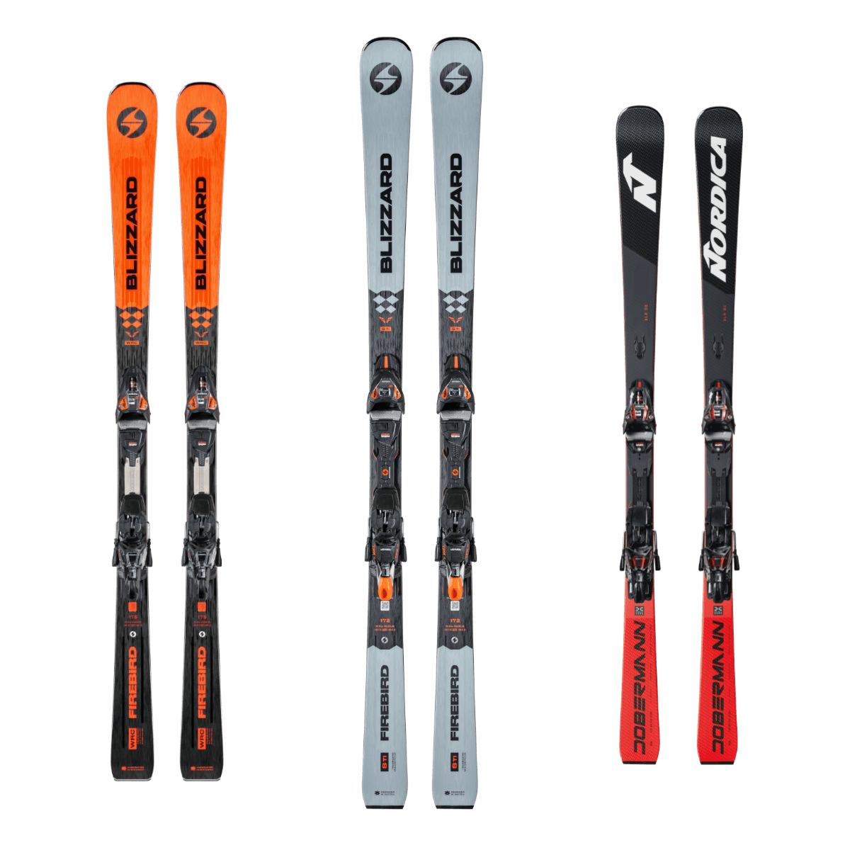 Blizzard Firebird Ti, Firebird WRC und Nordica Dobermann Ski im Snow Experts Verleih, kombiniert für maximale Renn-Performance und Präzision auf der Piste.