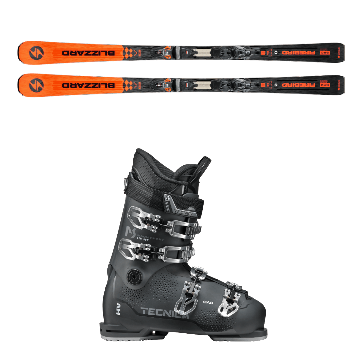 Blizzard Firebird WRC skis and Tecnica Mach Sport ski boots in the Snow Experts rental shop, combined for precise descents and high comfort on the slopes.