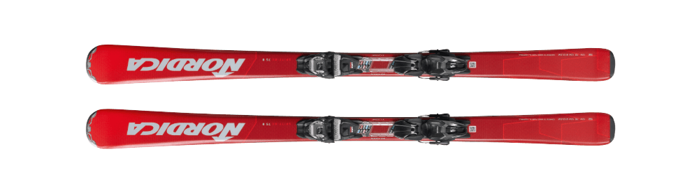 Nordica Spitfire skis in the Snow Experts rental shop, designed for precise and fast turns on the piste, ideal for advanced skiers.