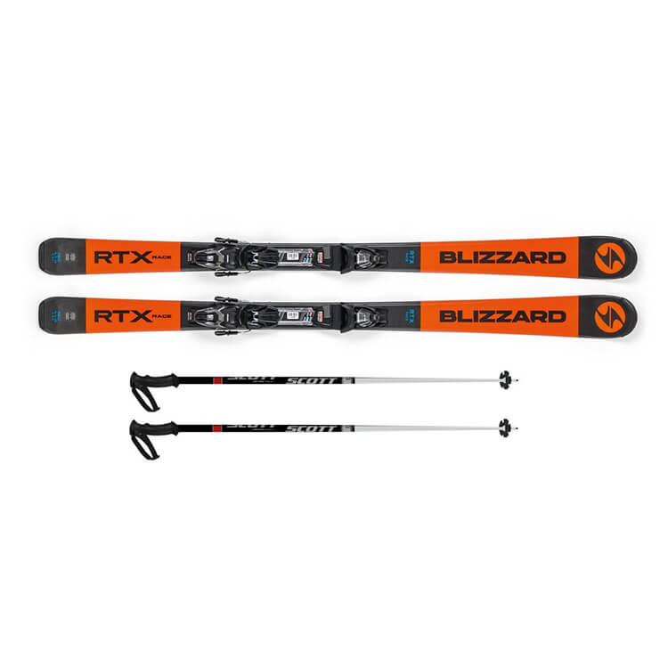 Blizzard RTX skis and ski poles for beginners in the Snow Experts rental shop, ideal for a safe and comfortable ride on the slopes.