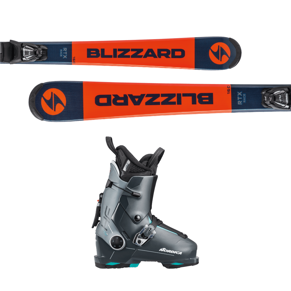 Blizzard RTX skis and Nordica ski boots in the Snow Experts rental shop, high-quality equipment for a safe and comfortable skiing experience.