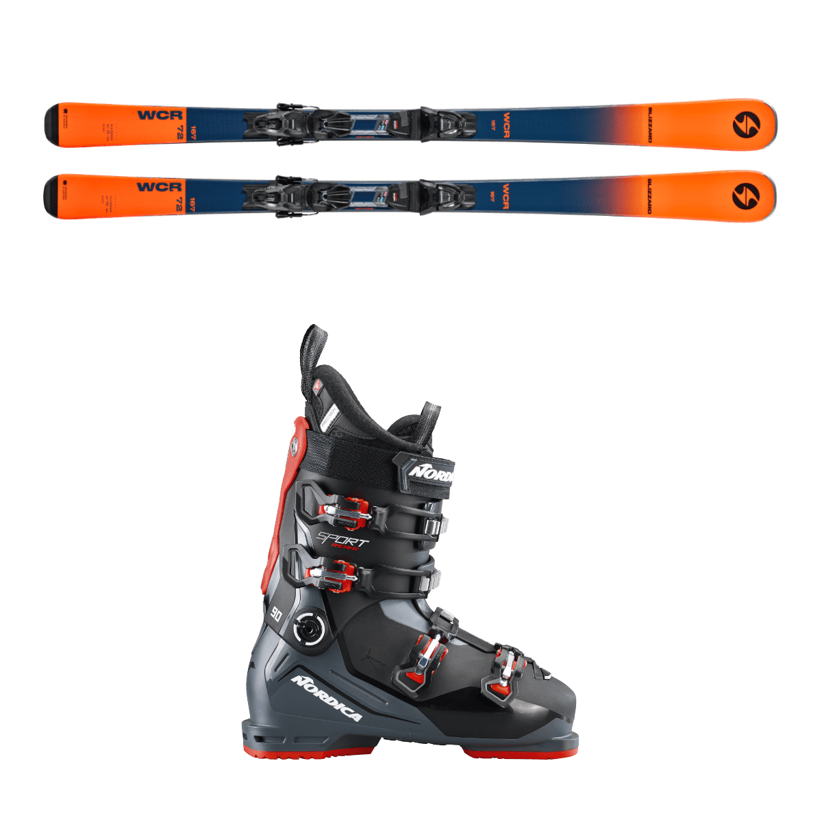 Blizzard WCR skis and Nordica Sportmachine ski boots in the Snow Experts rental shop, a combination of racing performance and comfort for demanding skiers.
