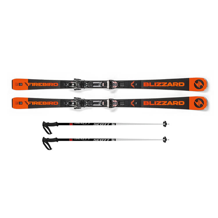 Blizzard Firebird skis and ski poles in the Snow Experts rental shop, designed for high speed and precise turns, ideal for experienced skiers.