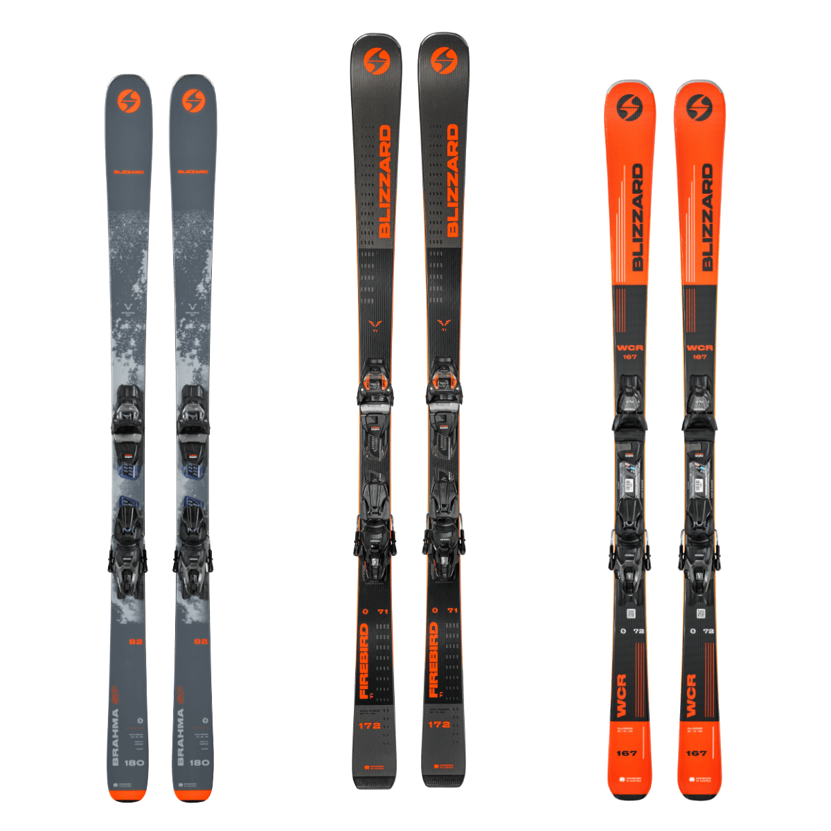 Blizzard Brahma, Firebird und WCR Ski im Verleih von Snow Experts vereinen Vielseitigkeit, Rennperformance und All-Mountain-Fähigkeiten für verschiedene Fahrstile.